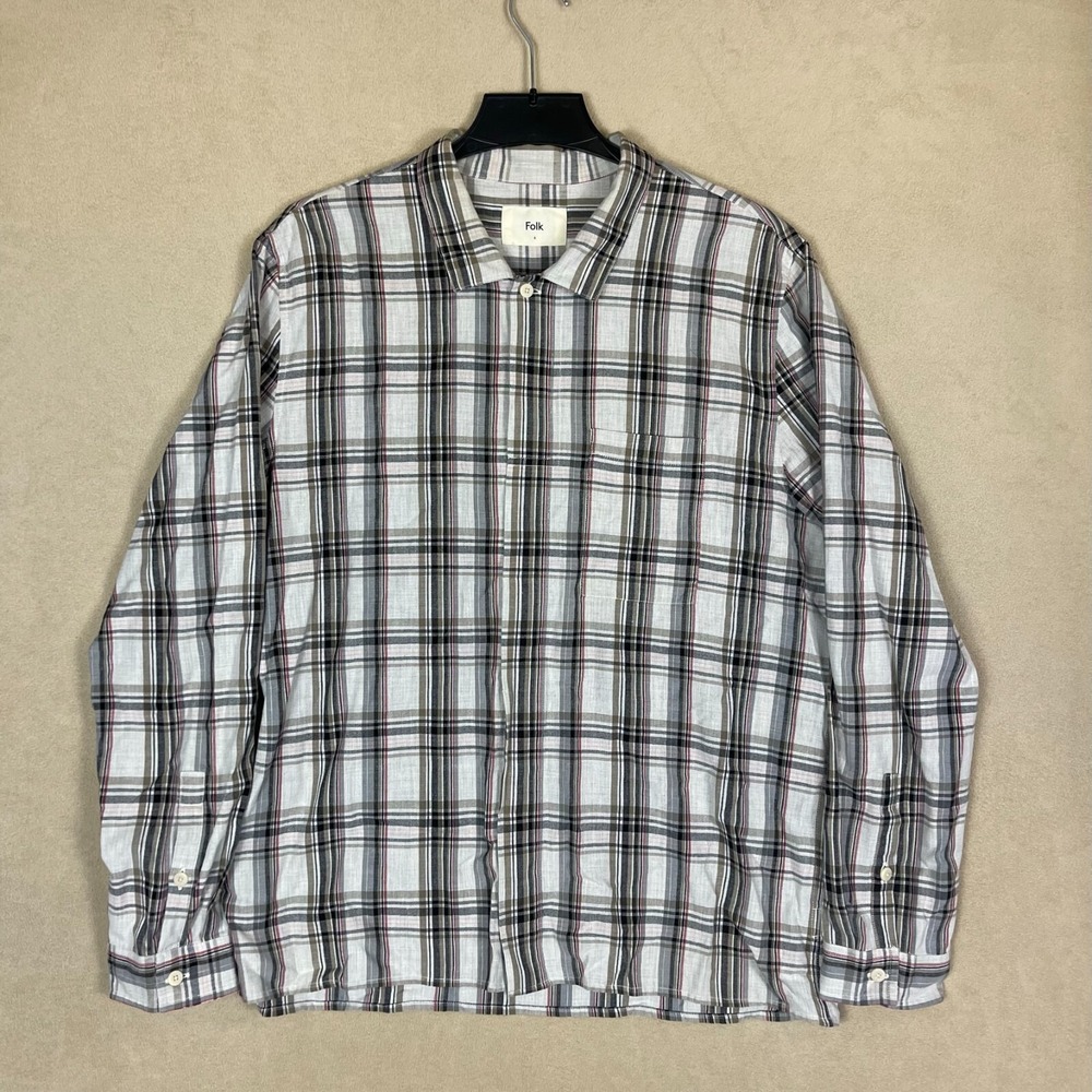 Folk Shirt Mens 6 XL Grey Plaid Cotton Long Sleeve Button Up Chest Pocket 9163